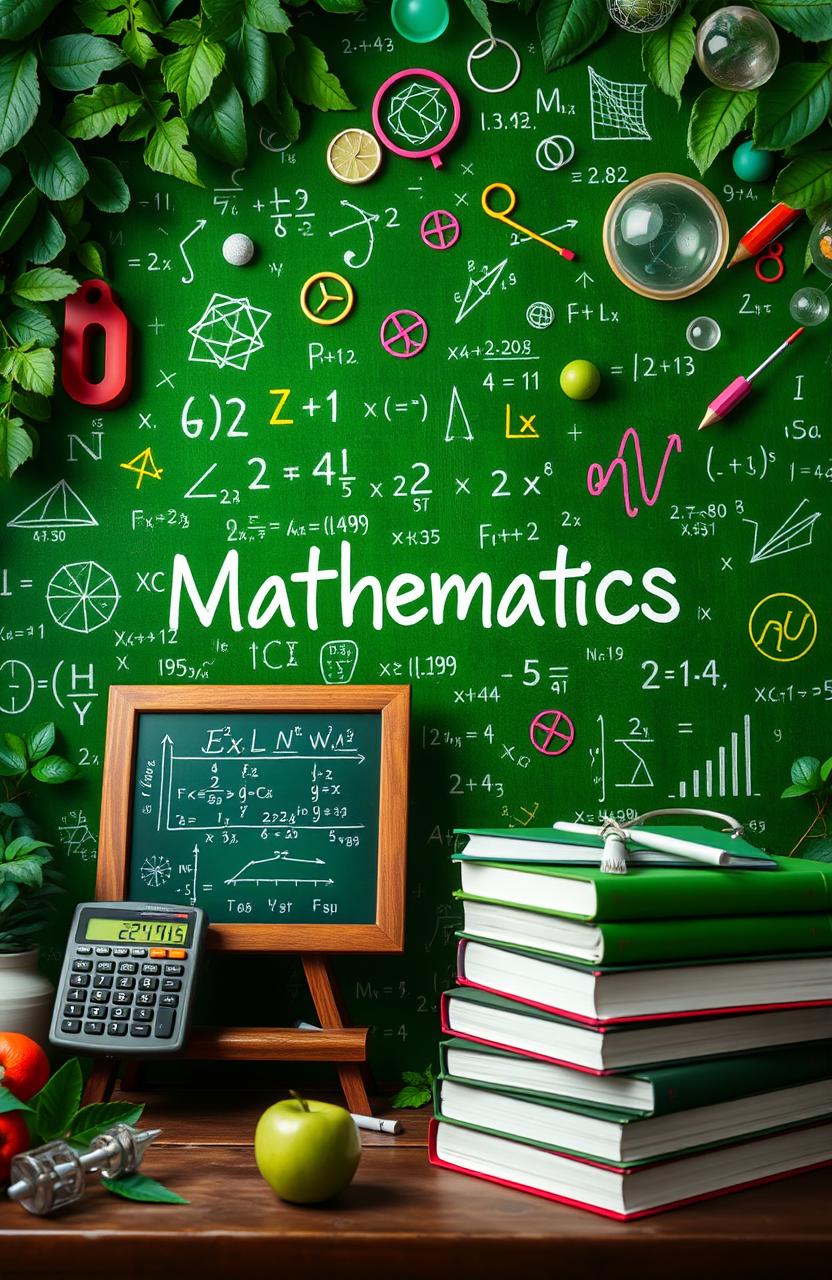 A vibrant and visually engaging image representing mathematics, featuring a lush green background filled with mathematical symbols like equations, geometric shapes, and graphs