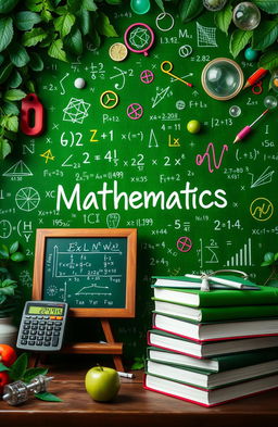 A vibrant and visually engaging image representing mathematics, featuring a lush green background filled with mathematical symbols like equations, geometric shapes, and graphs