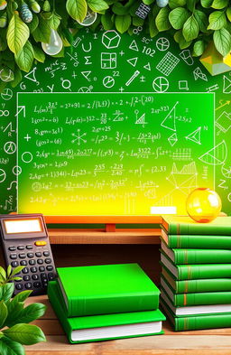 A vibrant and visually engaging image representing mathematics, featuring a lush green background filled with mathematical symbols like equations, geometric shapes, and graphs