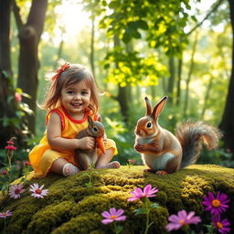 A picturesque scene in a beautiful forest featuring a cute little girl with bright, cheerful clothing playing with a fluffy squirrel and an adorable bunny holding a carrot