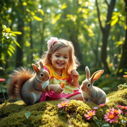 A picturesque scene in a beautiful forest featuring a cute little girl with bright, cheerful clothing playing with a fluffy squirrel and an adorable bunny holding a carrot