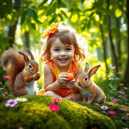 A picturesque scene in a beautiful forest featuring a cute little girl with bright, cheerful clothing playing with a fluffy squirrel and an adorable bunny holding a carrot