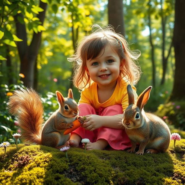 A picturesque scene in a beautiful forest featuring a cute little girl with bright, cheerful clothing playing with a fluffy squirrel and an adorable bunny holding a carrot