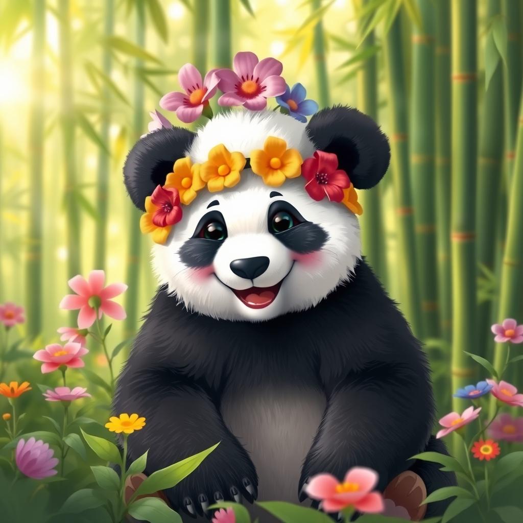 A cute panda bear wearing a colorful flower headband, sitting in a lush green forest setting with bamboo in the background