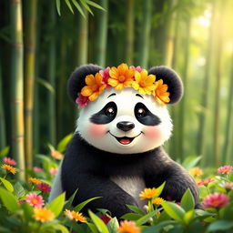 A cute panda bear wearing a colorful flower headband, sitting in a lush green forest setting with bamboo in the background