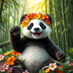 A cute panda bear wearing a colorful flower headband, sitting in a lush green forest setting with bamboo in the background