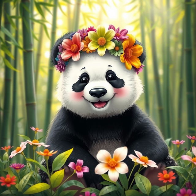 A cute panda bear wearing a colorful flower headband, sitting in a lush green forest setting with bamboo in the background