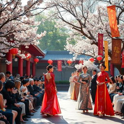 A vibrant scene showcasing a traditional Chinese fashion show set in a beautiful outdoor courtyard
