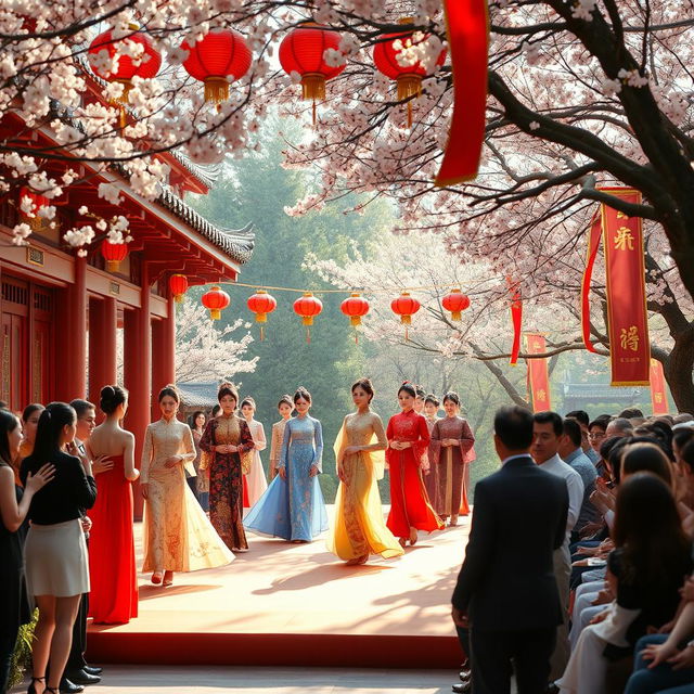 A vibrant scene showcasing a traditional Chinese fashion show set in a beautiful outdoor courtyard