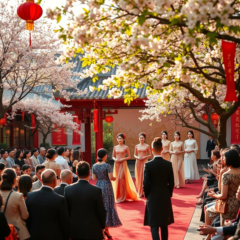 A vibrant scene showcasing a traditional Chinese fashion show set in a beautiful outdoor courtyard