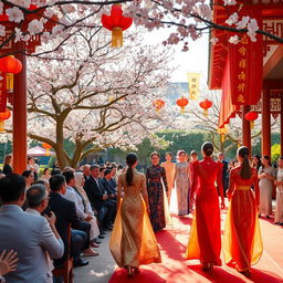 A vibrant scene showcasing a traditional Chinese fashion show set in a beautiful outdoor courtyard