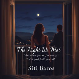 An intimate scene showcasing a woman standing on her bedroom balcony at night, looking out into the serene landscape