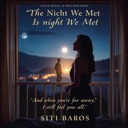 An intimate scene showcasing a woman standing on her bedroom balcony at night, looking out into the serene landscape