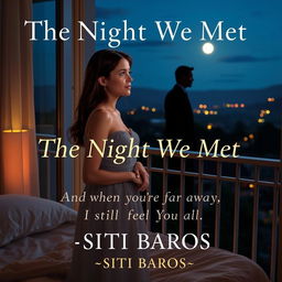 An intimate scene showcasing a woman standing on her bedroom balcony at night, looking out into the serene landscape