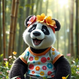 A cheerful panda bear wearing a vibrant flower headband and a colorful t-shirt with fun patterns, sitting playfully in a lush green forest