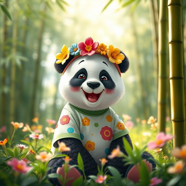 A cheerful panda bear wearing a vibrant flower headband and a colorful t-shirt with fun patterns, sitting playfully in a lush green forest