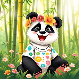 A cheerful panda bear wearing a vibrant flower headband and a colorful t-shirt with fun patterns, sitting playfully in a lush green forest