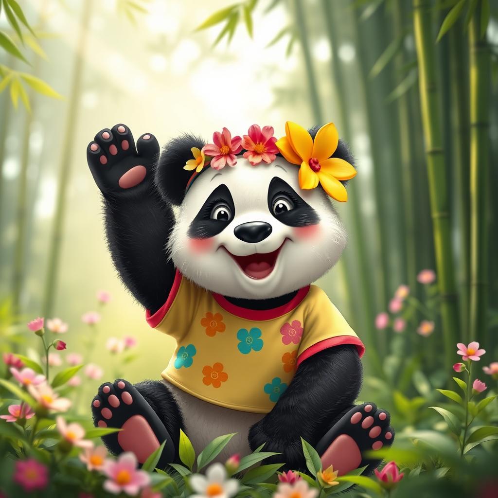 A cheerful panda bear wearing a vibrant flower headband and a colorful t-shirt with fun patterns, sitting playfully in a lush green forest