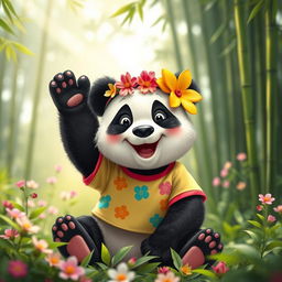 A cheerful panda bear wearing a vibrant flower headband and a colorful t-shirt with fun patterns, sitting playfully in a lush green forest