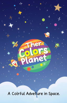 An enchanting children's ebook cover featuring a vibrant, colorful planet floating in space, surrounded by twinkling stars and playful cartoonish characters