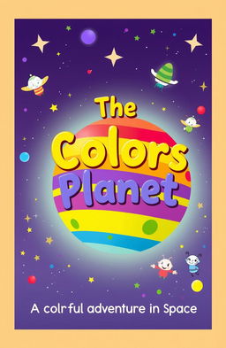 An enchanting children's ebook cover featuring a vibrant, colorful planet floating in space, surrounded by twinkling stars and playful cartoonish characters