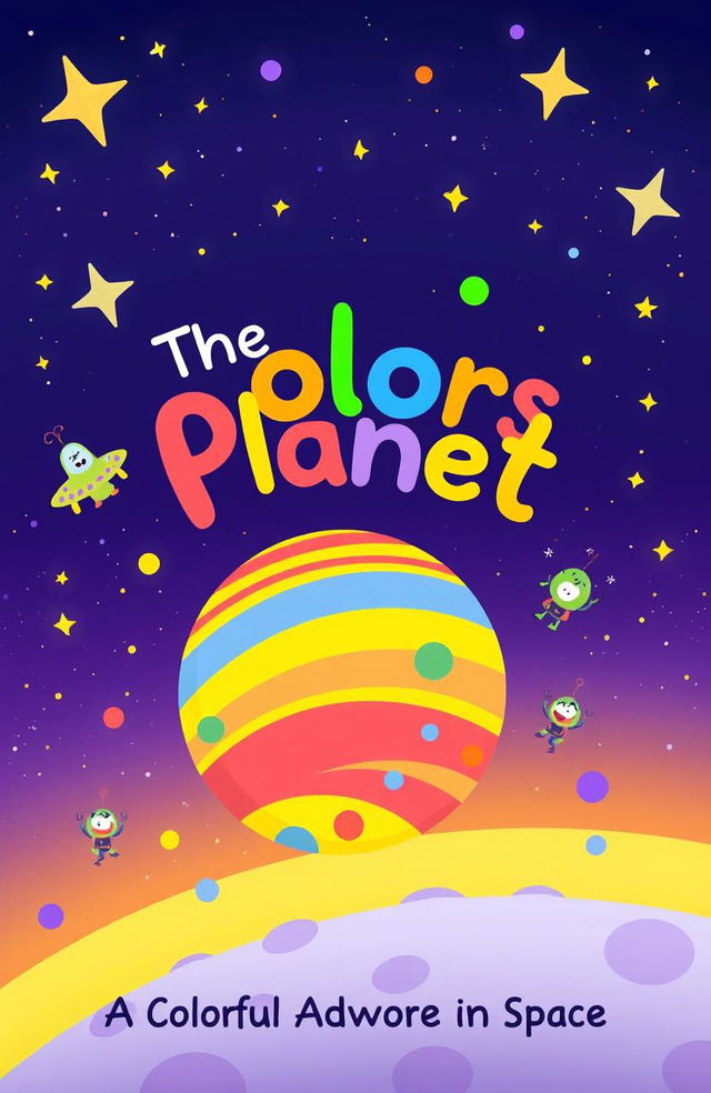 An enchanting children's ebook cover featuring a vibrant, colorful planet floating in space, surrounded by twinkling stars and playful cartoonish characters