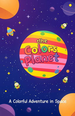 An enchanting children's ebook cover featuring a vibrant, colorful planet floating in space, surrounded by twinkling stars and playful cartoonish characters