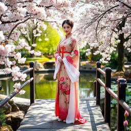 A serene scene featuring a woman dressed in traditional Chinese clothing, specifically a flowing Hanfu, adorned with intricate floral patterns and vibrant colors