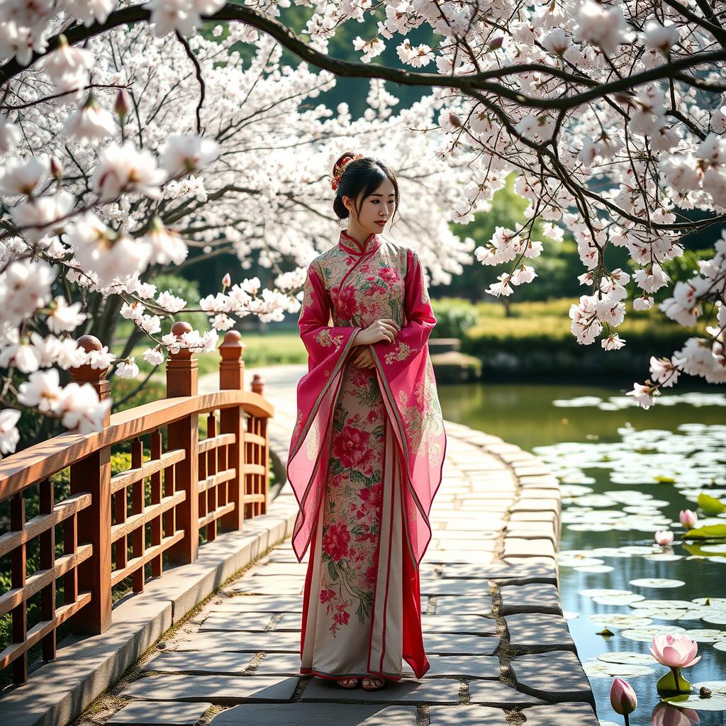 A serene scene featuring a woman dressed in traditional Chinese clothing, specifically a flowing Hanfu, adorned with intricate floral patterns and vibrant colors