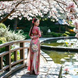 A serene scene featuring a woman dressed in traditional Chinese clothing, specifically a flowing Hanfu, adorned with intricate floral patterns and vibrant colors