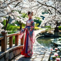 A serene scene featuring a woman dressed in traditional Chinese clothing, specifically a flowing Hanfu, adorned with intricate floral patterns and vibrant colors