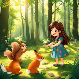 A charming scene in a beautiful forest where a little girl with long brown hair, wearing a colorful dress, is interacting joyfully with a fluffy squirrel and a cute rabbit