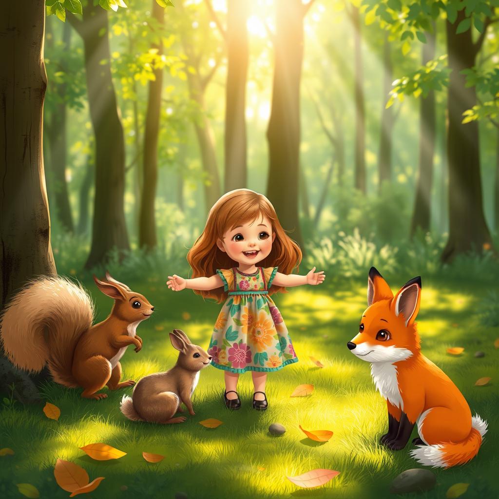 A charming scene in a beautiful forest where a little girl with long brown hair, wearing a colorful dress, is interacting joyfully with a fluffy squirrel and a cute rabbit