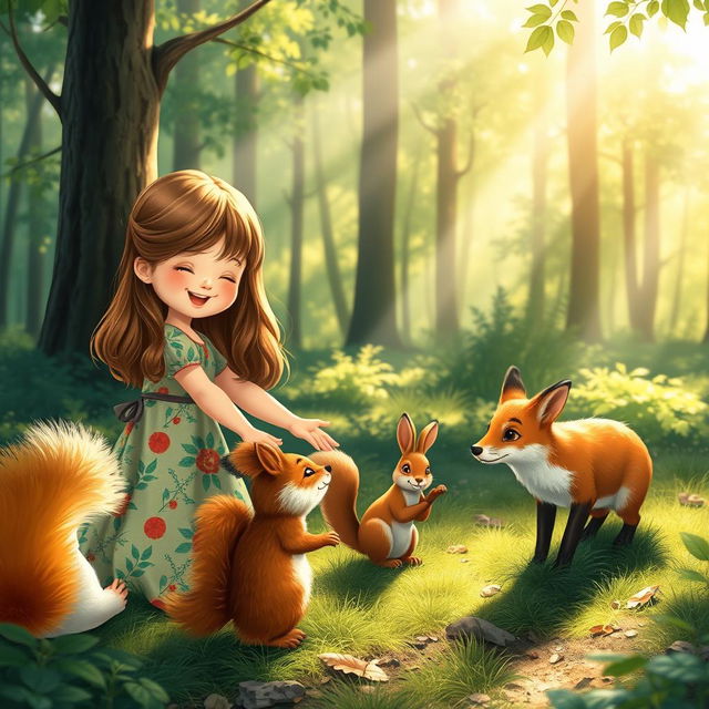 A charming scene in a beautiful forest where a little girl with long brown hair, wearing a colorful dress, is interacting joyfully with a fluffy squirrel and a cute rabbit