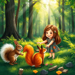 A charming scene in a beautiful forest where a little girl with long brown hair, wearing a colorful dress, is interacting joyfully with a fluffy squirrel and a cute rabbit