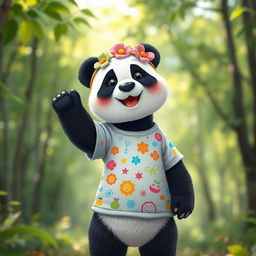 A cute, standing panda wearing a vibrant, colorful t-shirt adorned with playful patterns