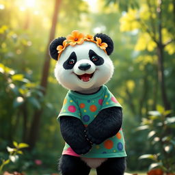 A cute, standing panda wearing a vibrant, colorful t-shirt adorned with playful patterns