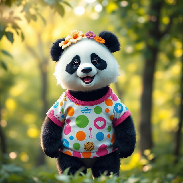 A cute, standing panda wearing a vibrant, colorful t-shirt adorned with playful patterns