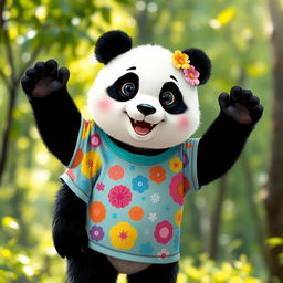 A cute, standing panda wearing a vibrant, colorful t-shirt adorned with playful patterns