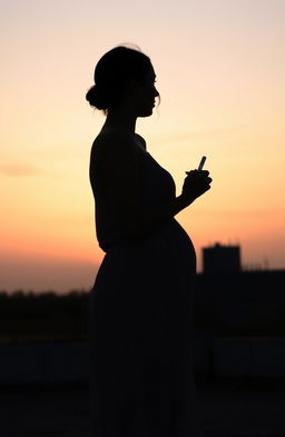 A delicate silhouette of a woman standing with her back towards the viewer, holding a pregnancy test in her hands, gazing into the horizon