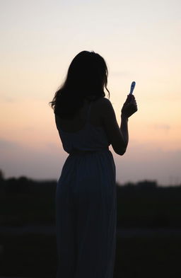 A delicate silhouette of a woman standing with her back towards the viewer, holding a pregnancy test in her hands, gazing into the horizon