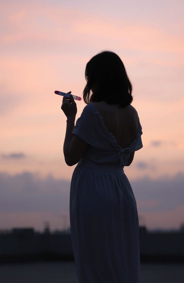 A delicate silhouette of a woman standing with her back towards the viewer, holding a pregnancy test in her hands, gazing into the horizon