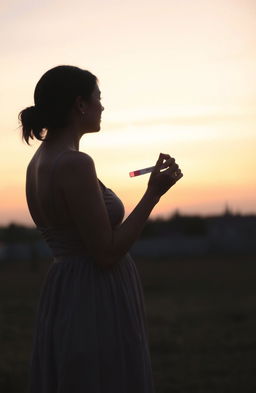 A delicate silhouette of a woman standing with her back towards the viewer, holding a pregnancy test in her hands, gazing into the horizon