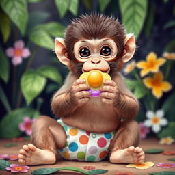 A cute baby monkey sitting playfully, wearing a colorful diaper and holding a bright pacifier in its small hands