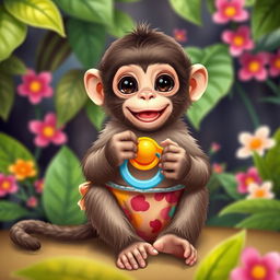 A cute baby monkey sitting playfully, wearing a colorful diaper and holding a bright pacifier in its small hands