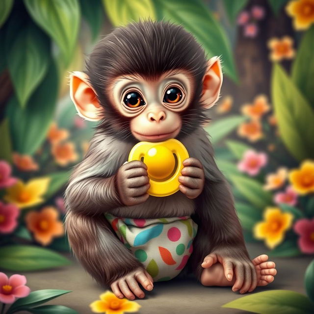 A cute baby monkey sitting playfully, wearing a colorful diaper and holding a bright pacifier in its small hands