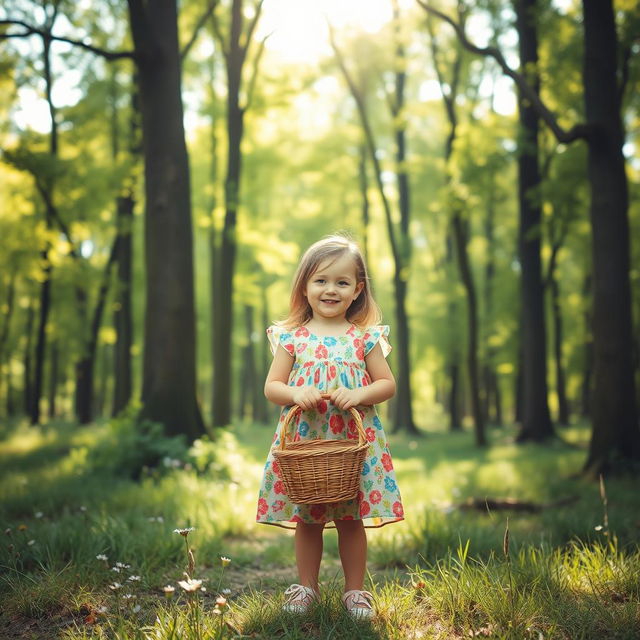 A little girl standing in front of a beautiful forest, holding a basket in her hands