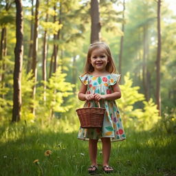 A little girl standing in front of a beautiful forest, holding a basket in her hands