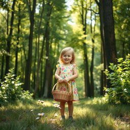 A little girl standing in front of a beautiful forest, holding a basket in her hands