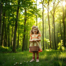 A little girl standing in front of a beautiful forest, holding a basket in her hands